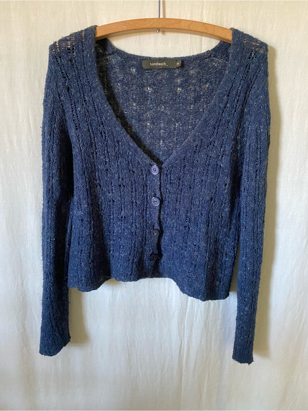 Sandwich Navy Open-Knit V-Neck Button Crop Cardigan - Wool Blend - Medium